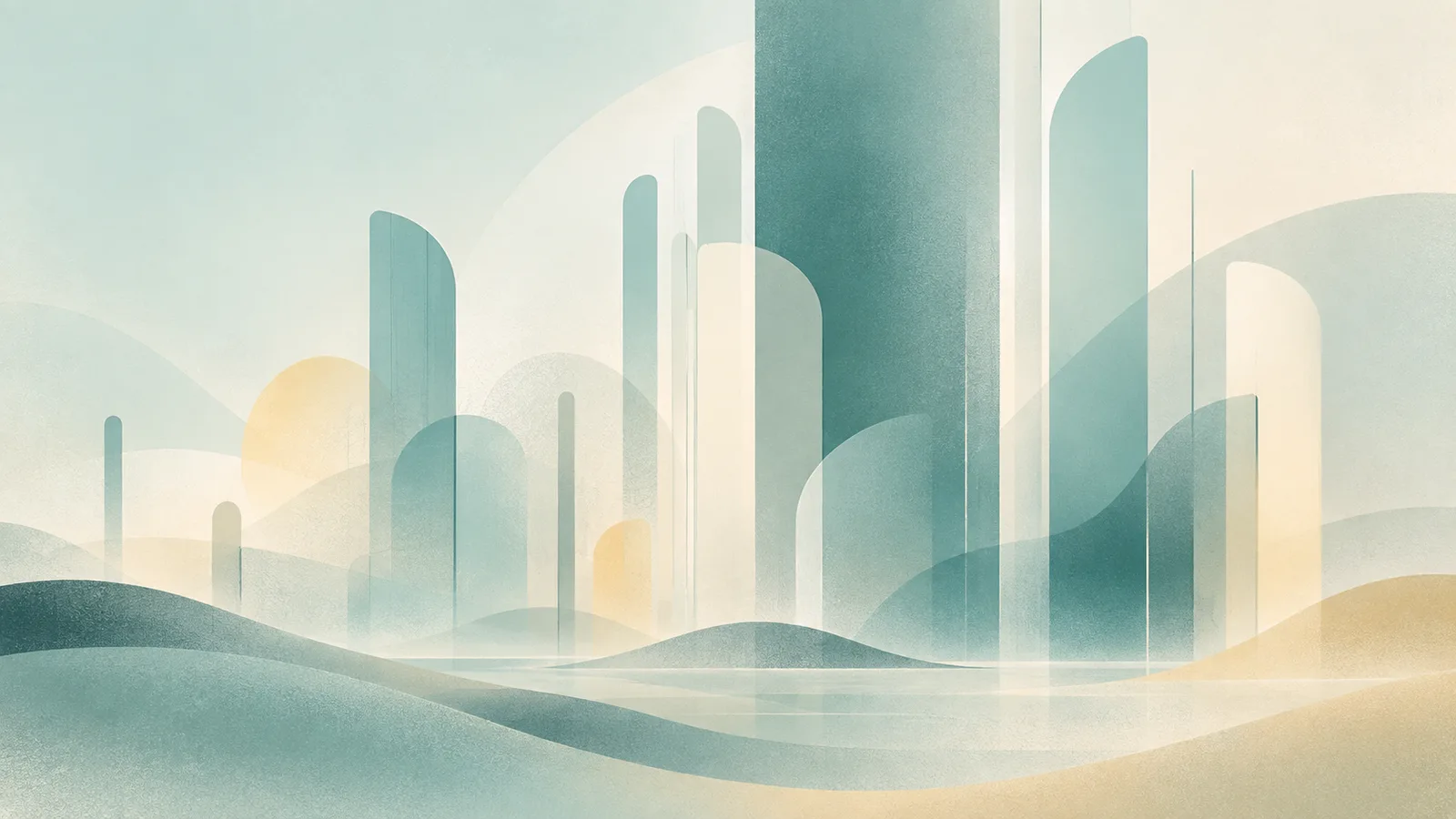 Abstracte skyline in mist, teal en zand