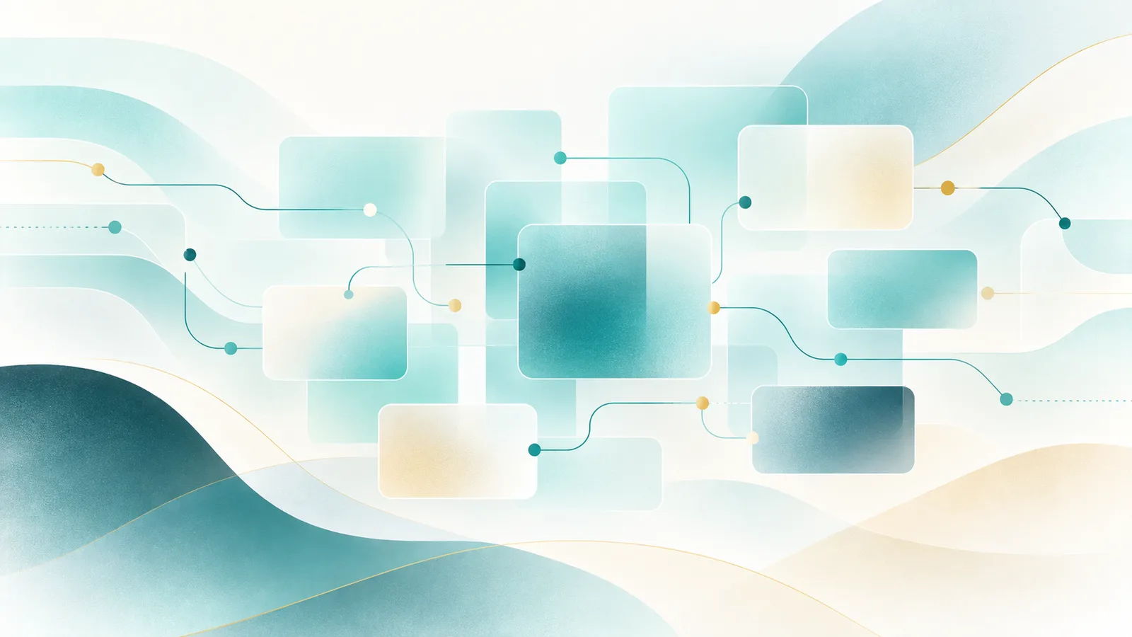 Abstract netwerk van verbonden kaartjes in teal en zand