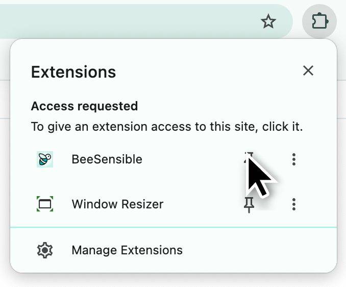 Chrome extensiemenu met BeeSensible en pin icoon